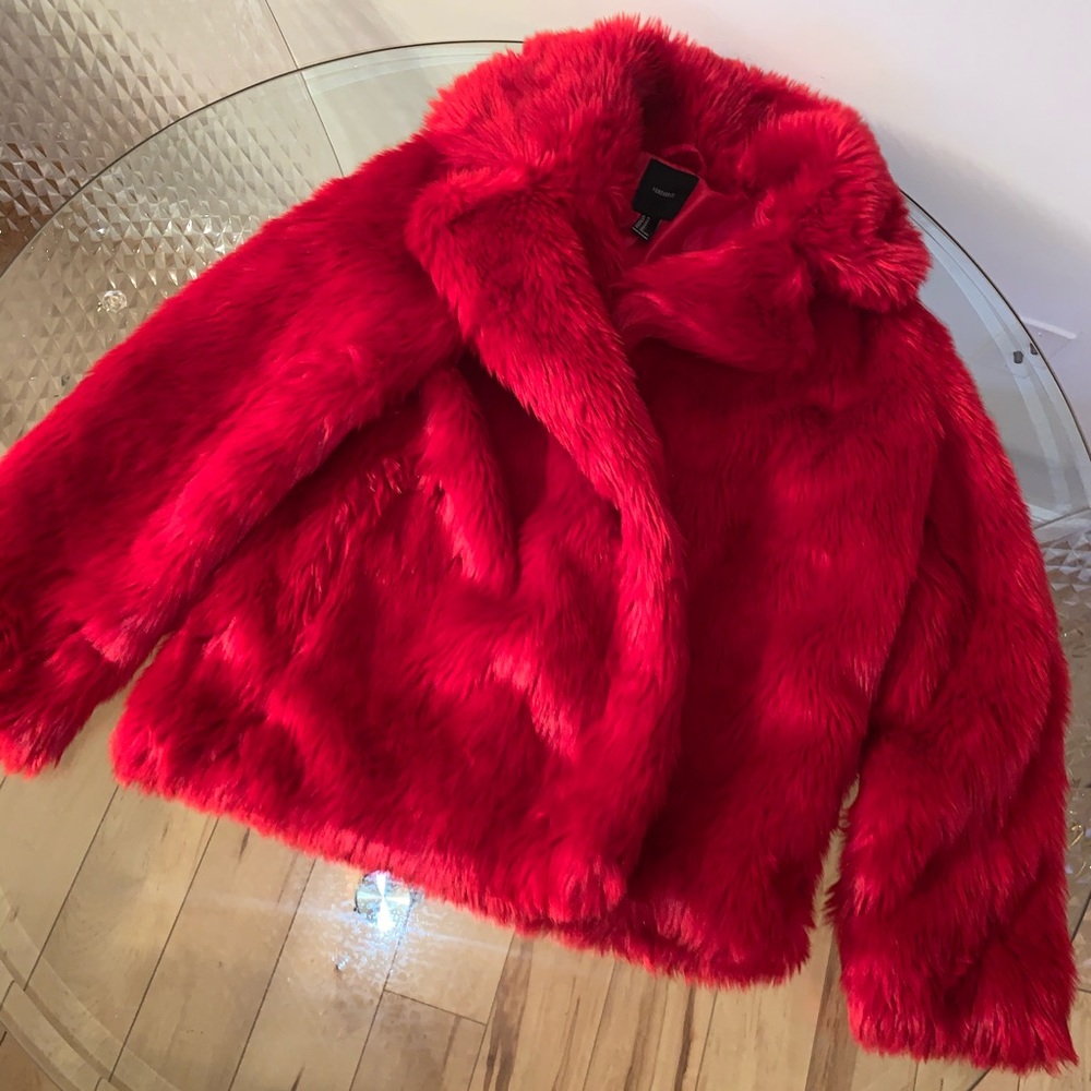 Forever21 Red Faux Fur Coat Size M